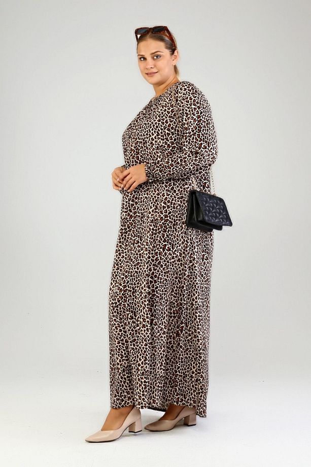 Buyuk Beden Elbise Tesettur Boydan Viskon Plus Size Elbise Taba - 7