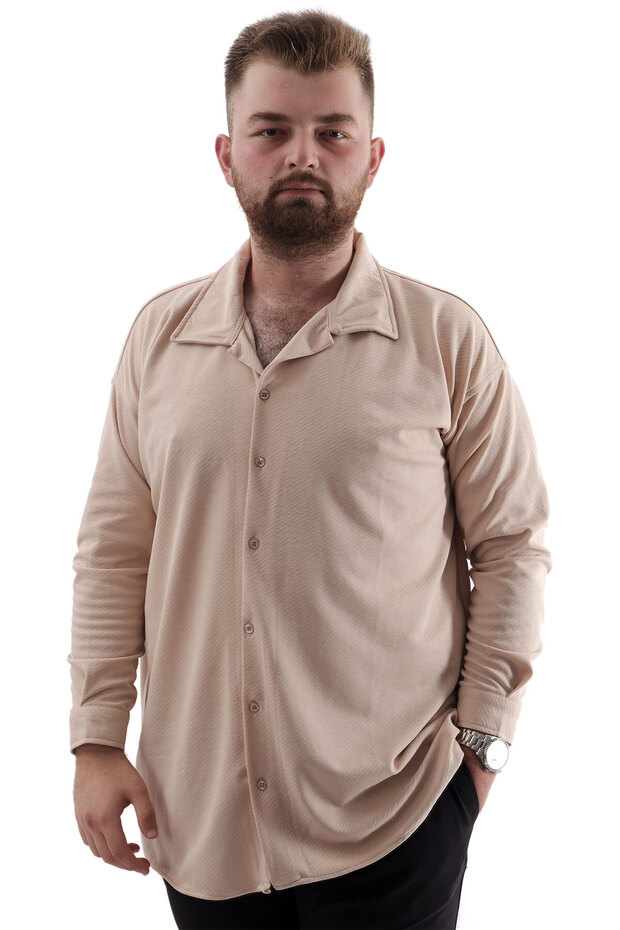 Mode XL Large Size Men's Shirt Apas Collar Long Sleeve Jacquard U24381 Beige