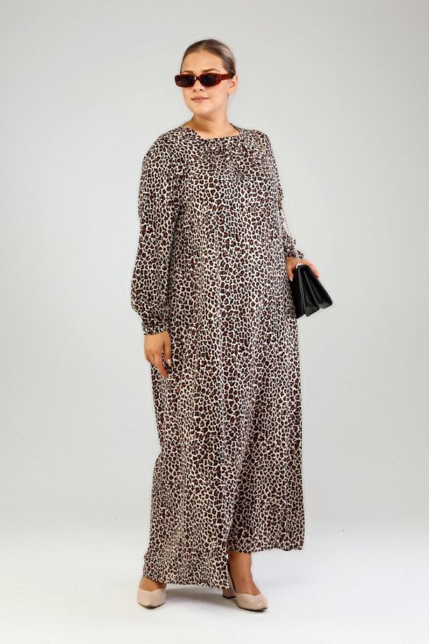 Buyuk Beden Elbise Tesettur Boydan Viskon Plus Size Elbise Taba - 1