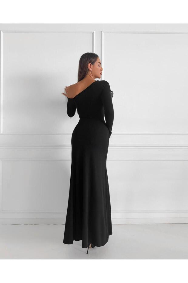 Rochie lungă cu umăr dezactivat cu flori - 2