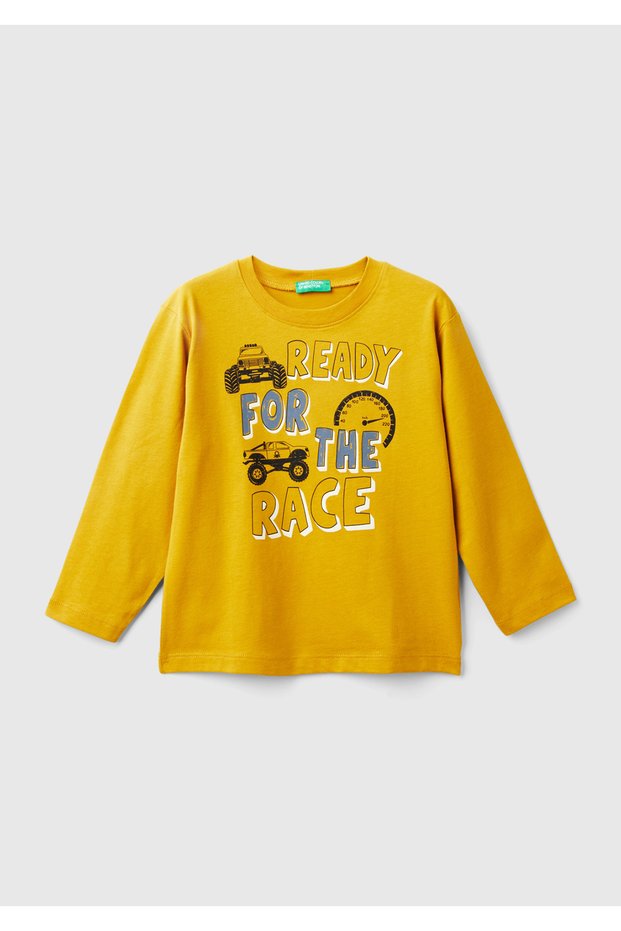 Boy's Mustard Yellow Printed Crew Neck Long Sleeve T-Shirt