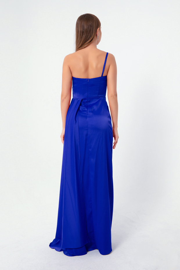 Kadın Saks Tek Omuzlu Saten Abiye & Mezuniyet Elbisesi - 5