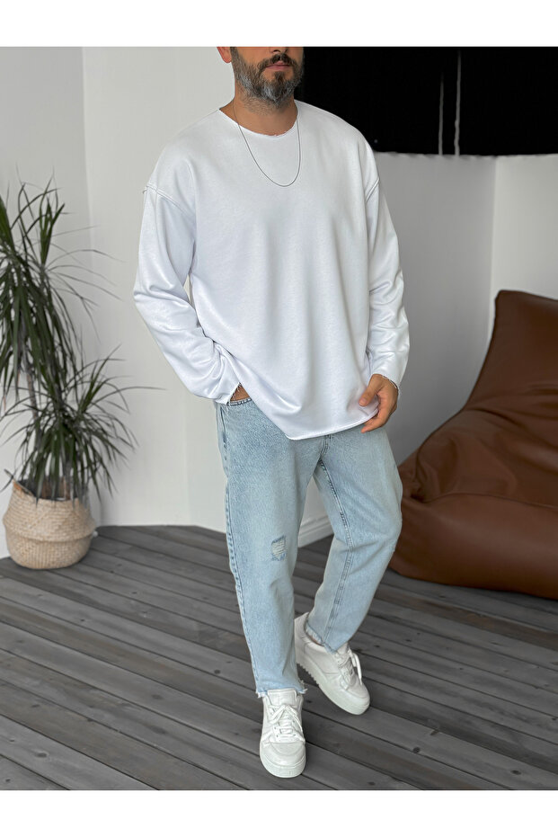 سويت شيرت أبيض أساسي بياقة متسخة BY-059 - 2