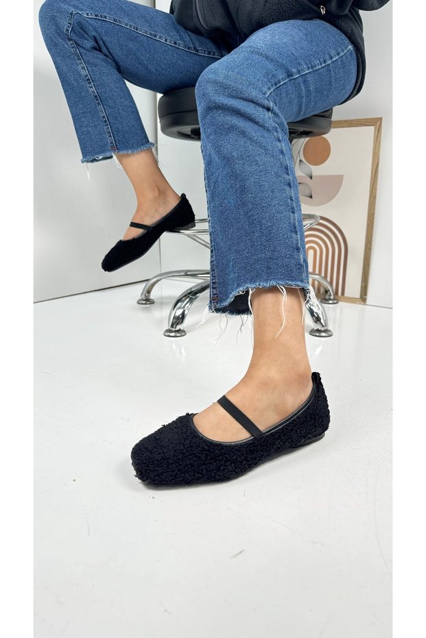 Daily Women's Black Ballerina Plush Elastic Oval Toe Low Heel Serrated Sole Shoes 369