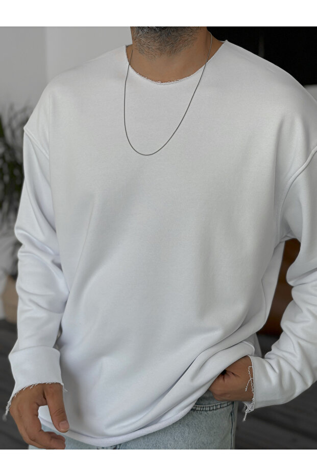 سويت شيرت أبيض أساسي بياقة متسخة BY-059 - 6