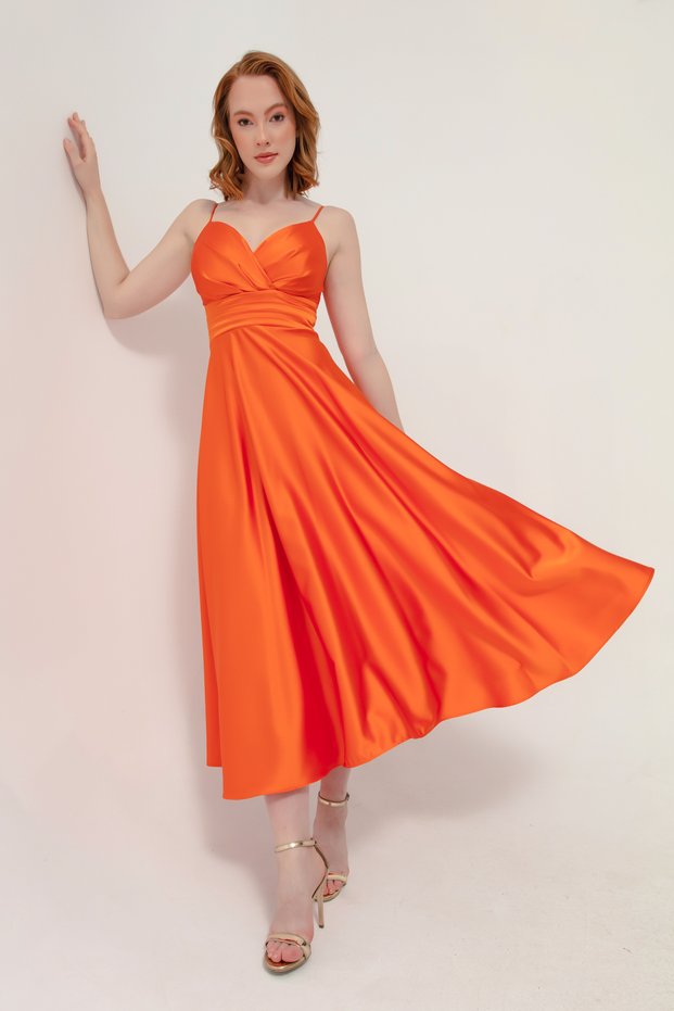 Women's Orange Rope Strap Waist Belted Satin Midi Evening Dress & Graduation Dress