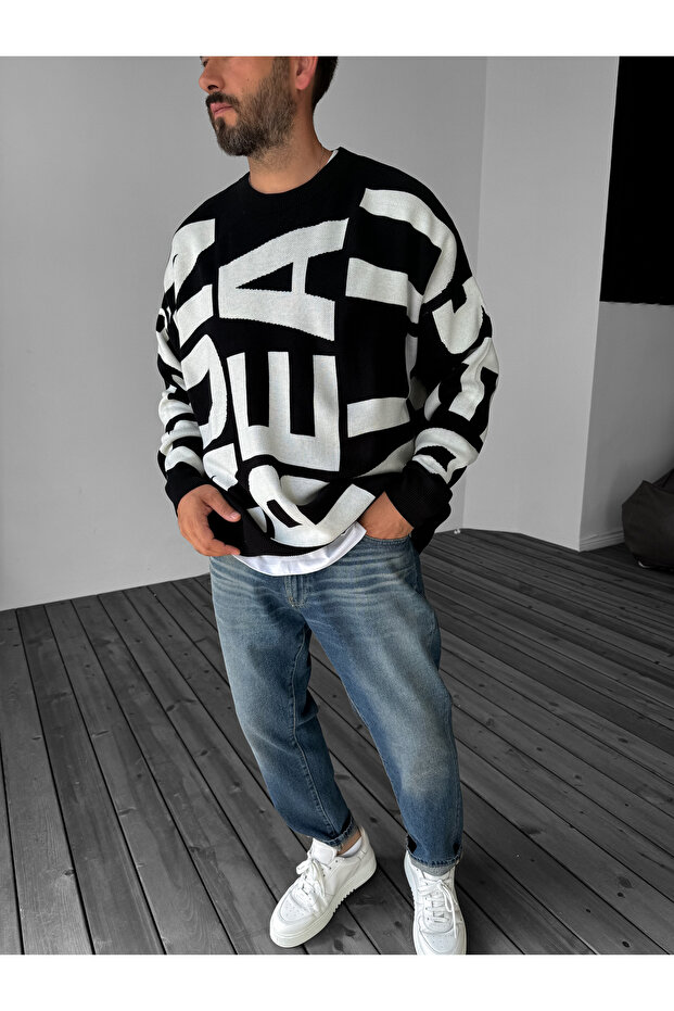 Siyah Letter İşlemeli Örme Sweatshirt JJ-103 - 2