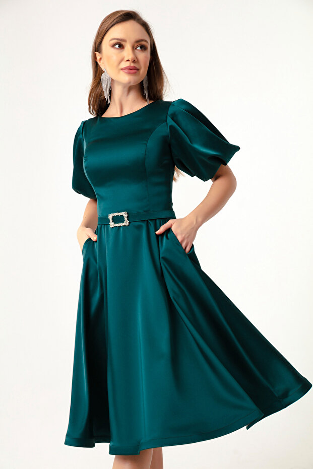 Women's Petrol Balloon Sleeve Stone Belted Mini Satin Evening Dress