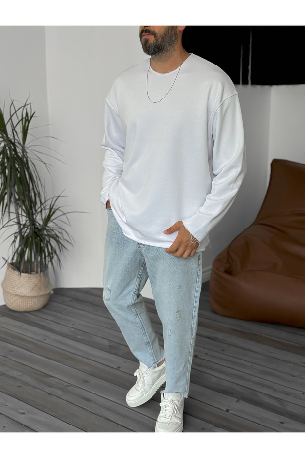سويت شيرت أبيض أساسي بياقة متسخة BY-059 - 1