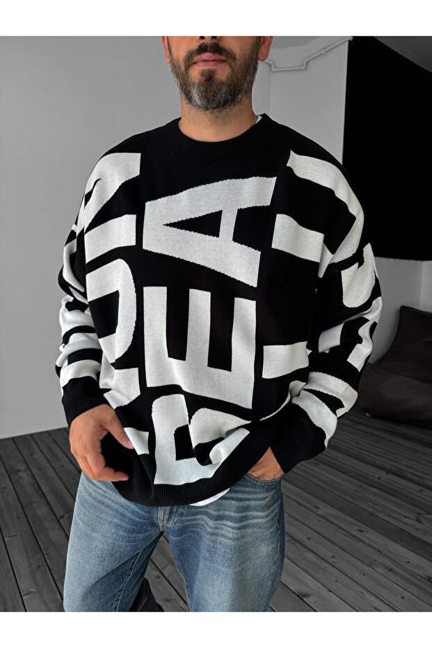 Siyah Letter İşlemeli Örme Sweatshirt JJ-103 - 3