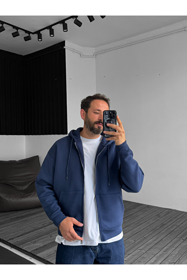 Lacivert Basic Fermuarlı Kapüşonlu Sweatshirt JJ-82 - 6