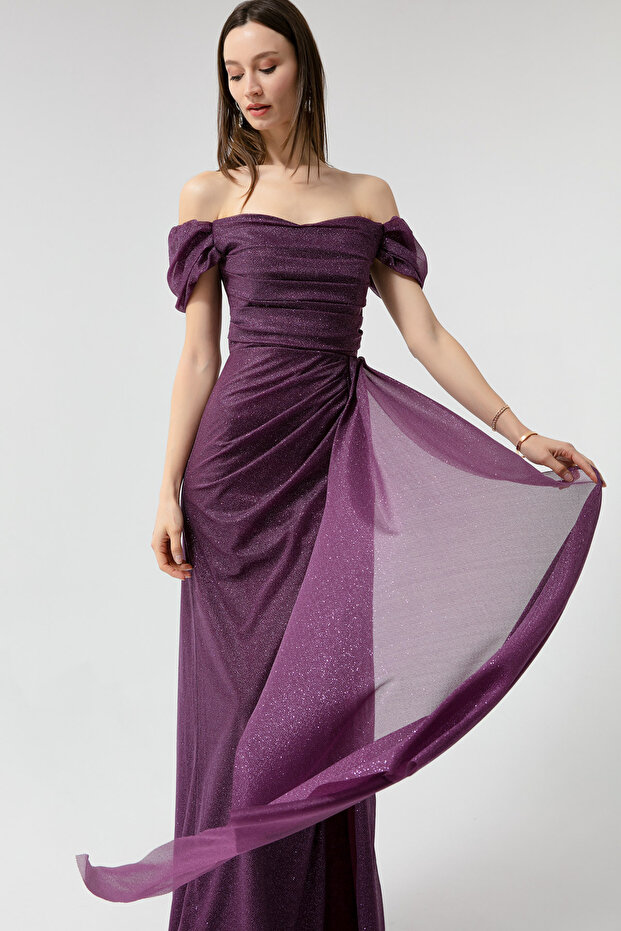 Women's Plum Boat Neck Draped Slit Long Glittery Evening Dress