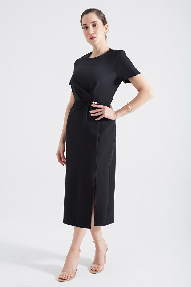 Women's Black Pearl Detailed Slit Midi Dress