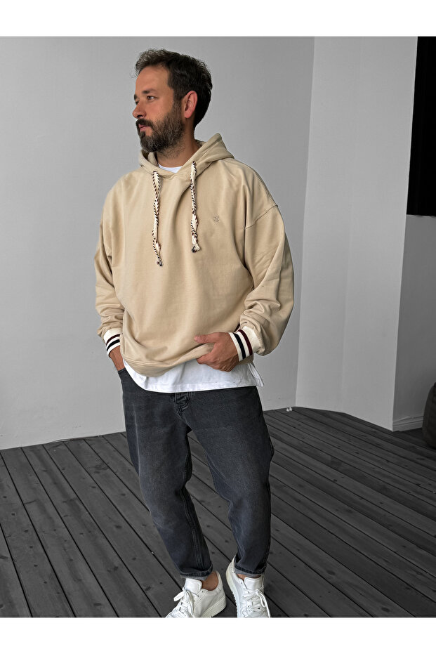 Bej Çizgi Ribanalı Kapüşonlu Sweatshirt JJ-38 - 3