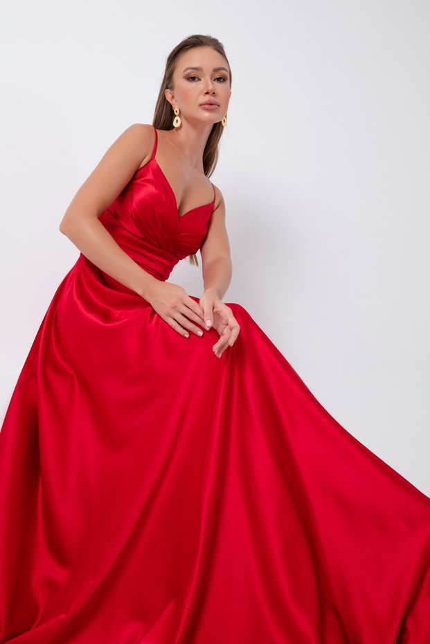 Women's Red Satin Long Evening Dress & Graduation Dress with Rope Straps and Waist Belt