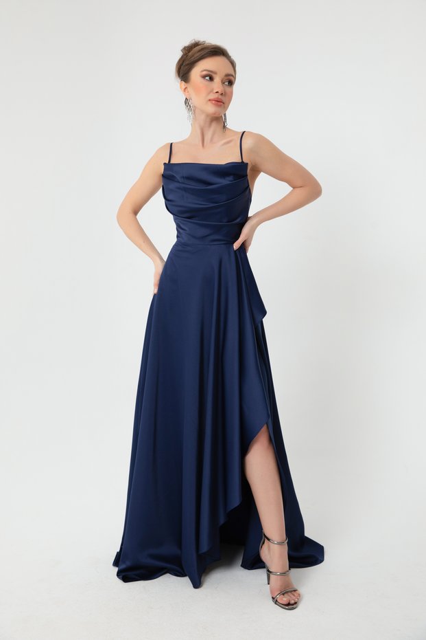 Women's Navy Blue Flounce Slit Satin Evening Dress & Graduation Dress