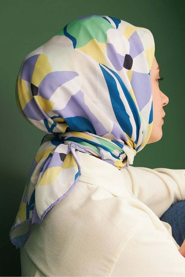 Daphne Mavi Mor Pamuk Viskon Eşarp Modeli - 5