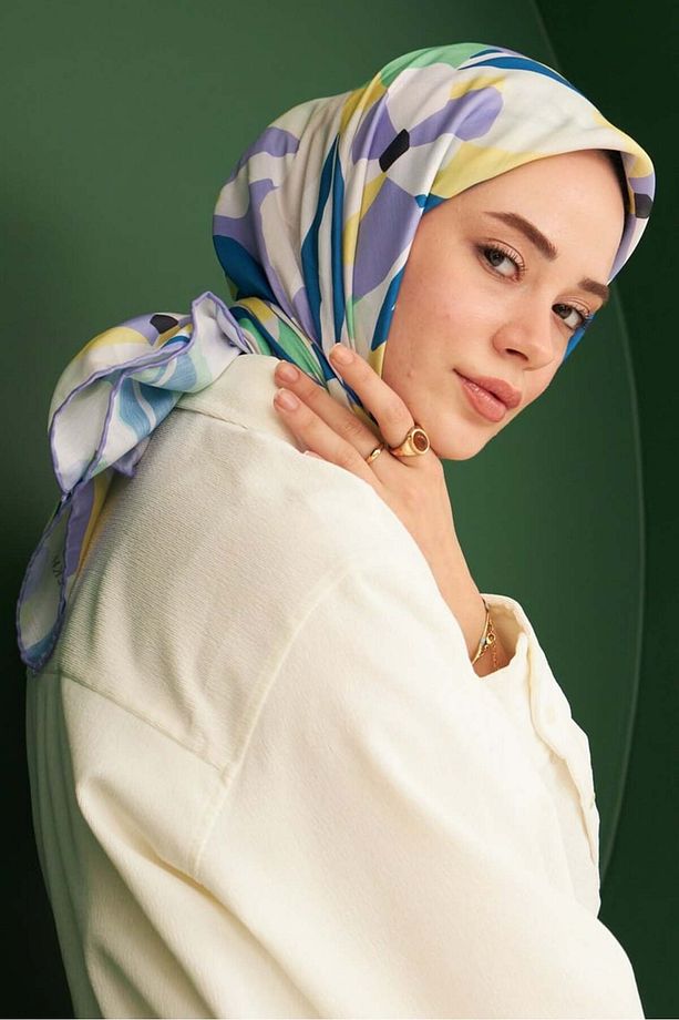 Daphne Mavi Mor Pamuk Viskon Eşarp Modeli - 4