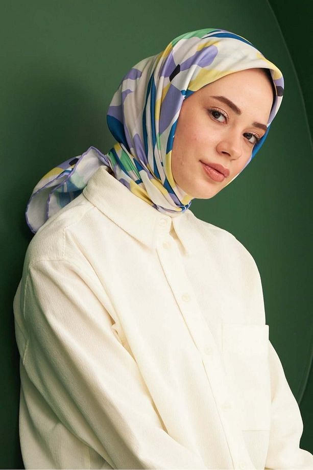 Daphne Mavi Mor Pamuk Viskon Eşarp Modeli - 3