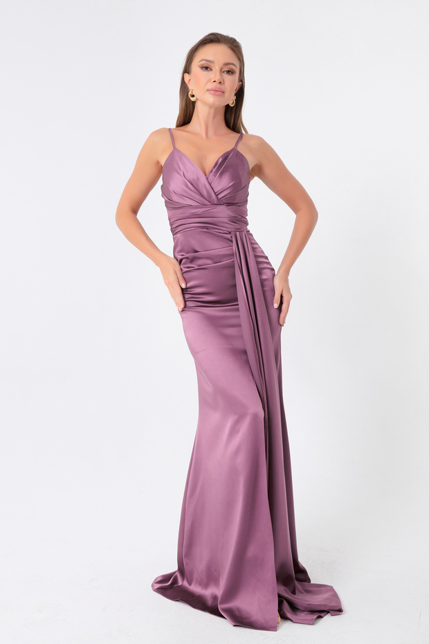 Women's Lavender Strap Long Satin Evening Dress & Graduation Dress