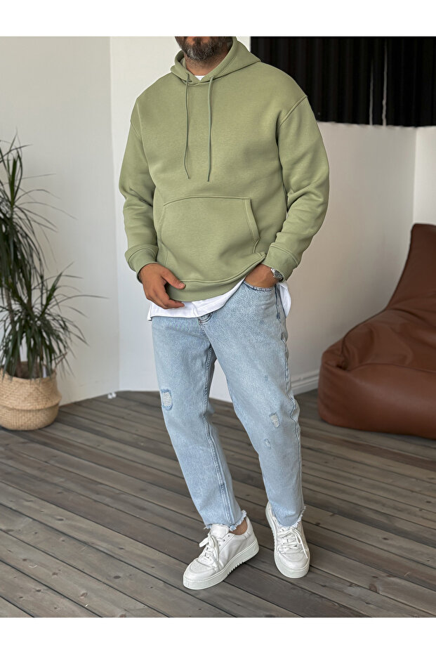 Yeşil Basic Kapüşonlu Sweatshirt BY-057 - 1