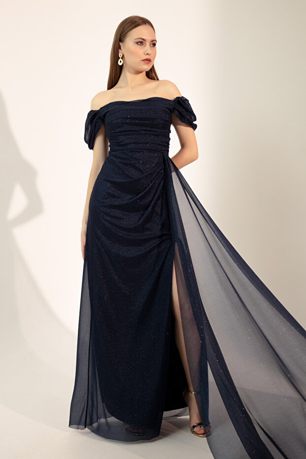 Damen-Abendkleid in Marineblau mit U-Boot-Ausschnitt, drapiertem Schlitz, langes Glitzer-Abendkleid - 1