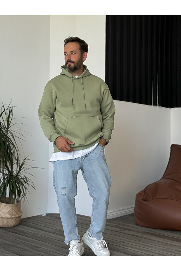 Yeşil Basic Kapüşonlu Sweatshirt BY-057 - 5
