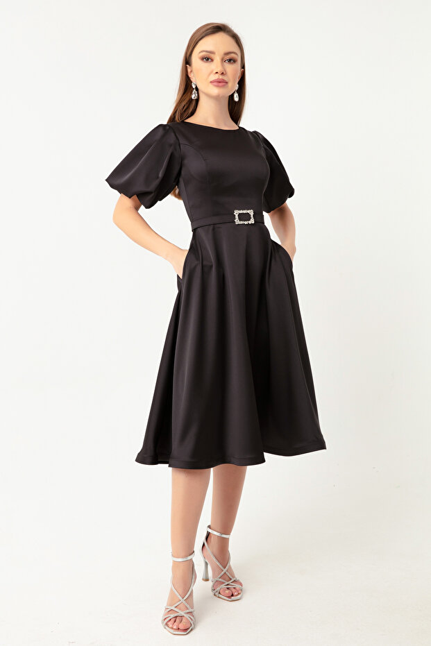 Women's Black Balloon Sleeve Stone Belted Mini Satin Evening Dress