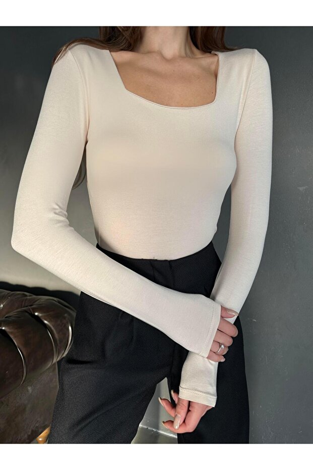 Kare Yaka Basic Bluz Bej - 1