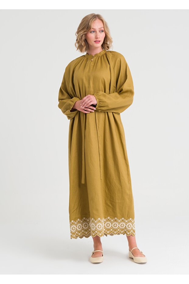Nakışlı Keten Elbise - 5