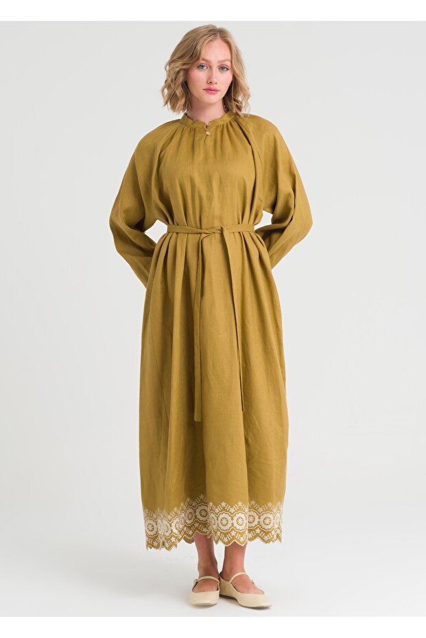 Nakışlı Keten Elbise - 1