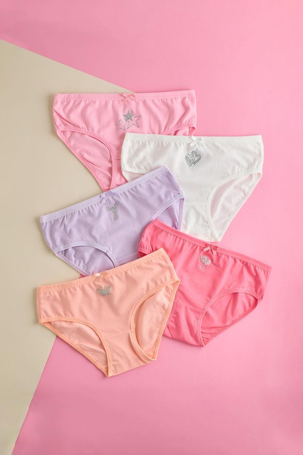 Girl's Stone Detailed 5 Pack Slip Panties Multicolored