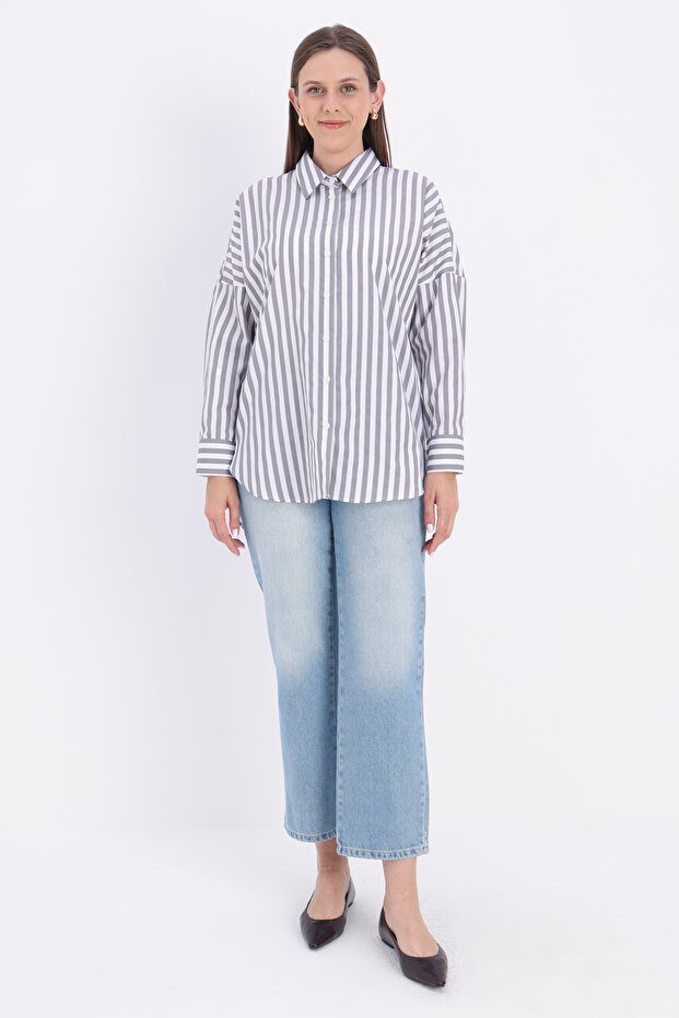 White-Grey Oversize Basic Shirt - 2