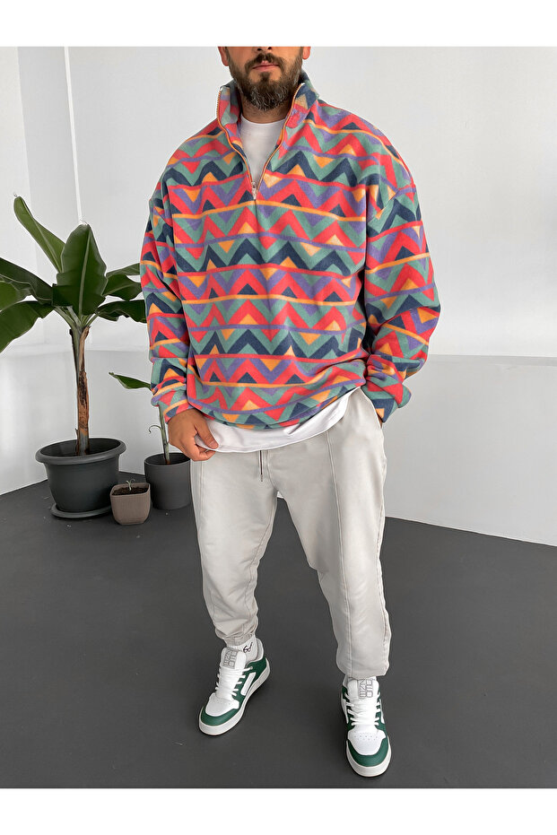 Colorful Geometric Patterned Fleece Sweat Pm-