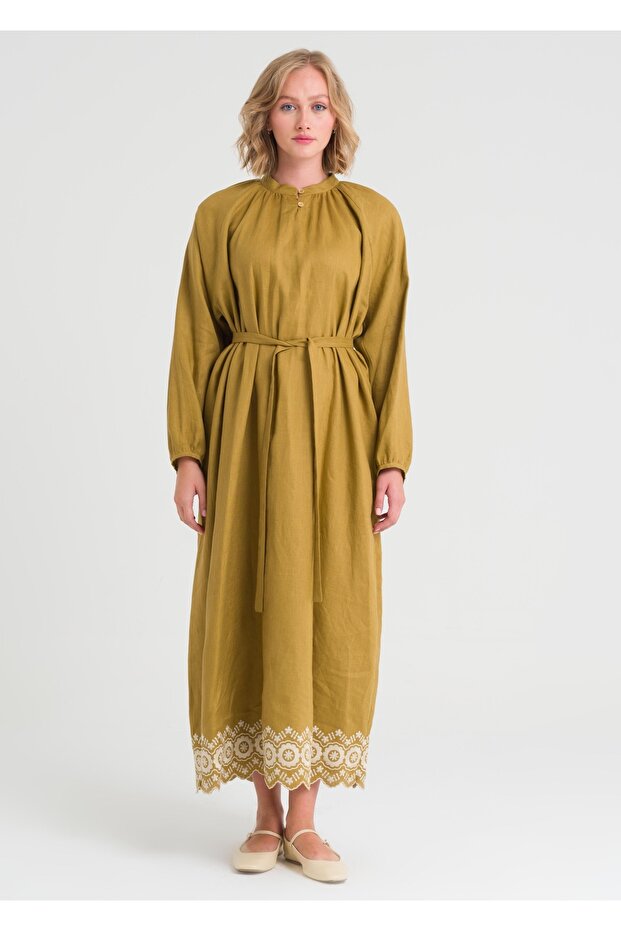 Nakışlı Keten Elbise - 2