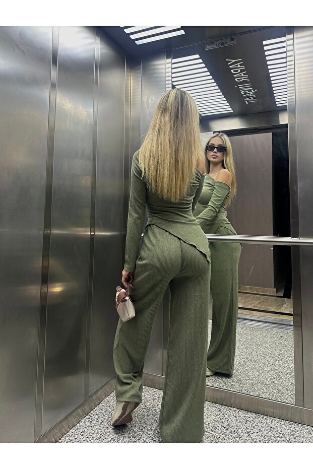 Khaki Asymmetrical Top and Bottom Set - 4