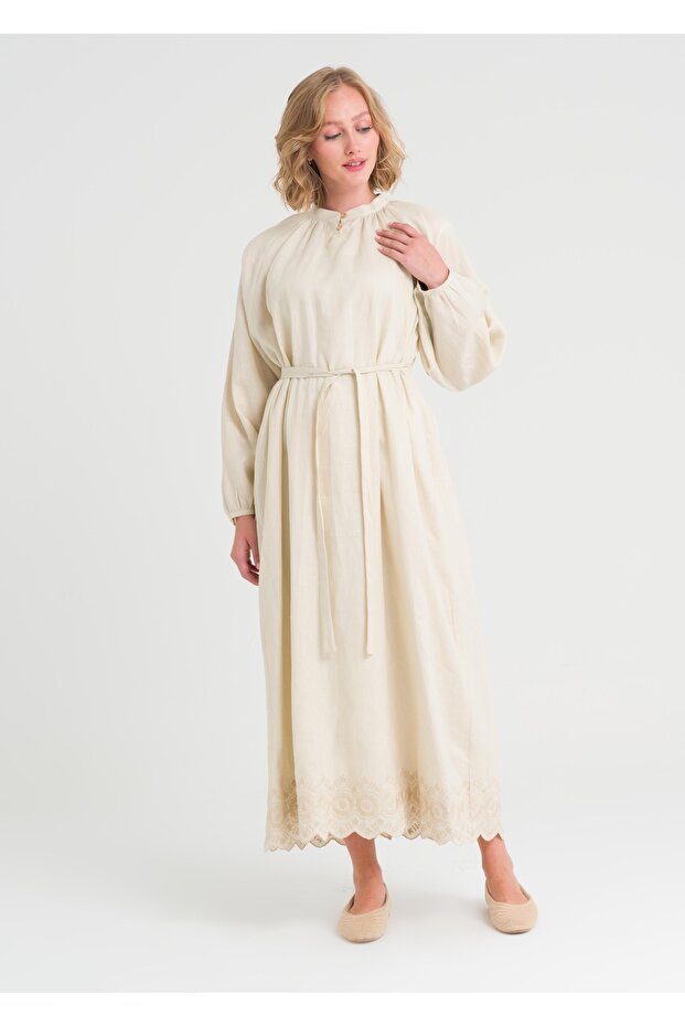 Nakışlı Keten Elbise - 4