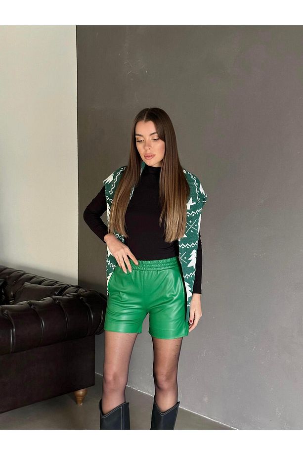 Bel Lastik Deri Şort Koyu Yeşil - 2