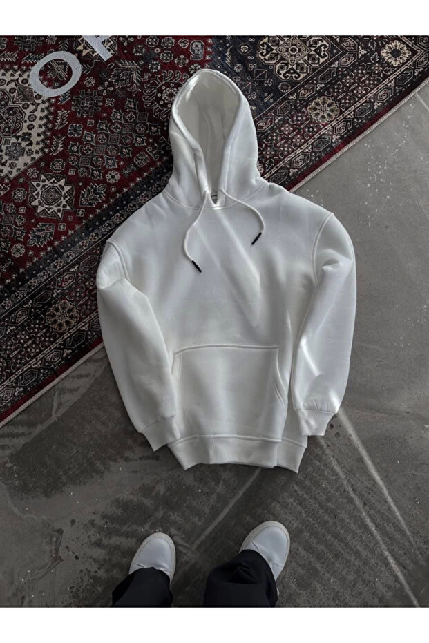 White Basic Hooded Sweatshirt - Three Thread Combed Cotton - 1