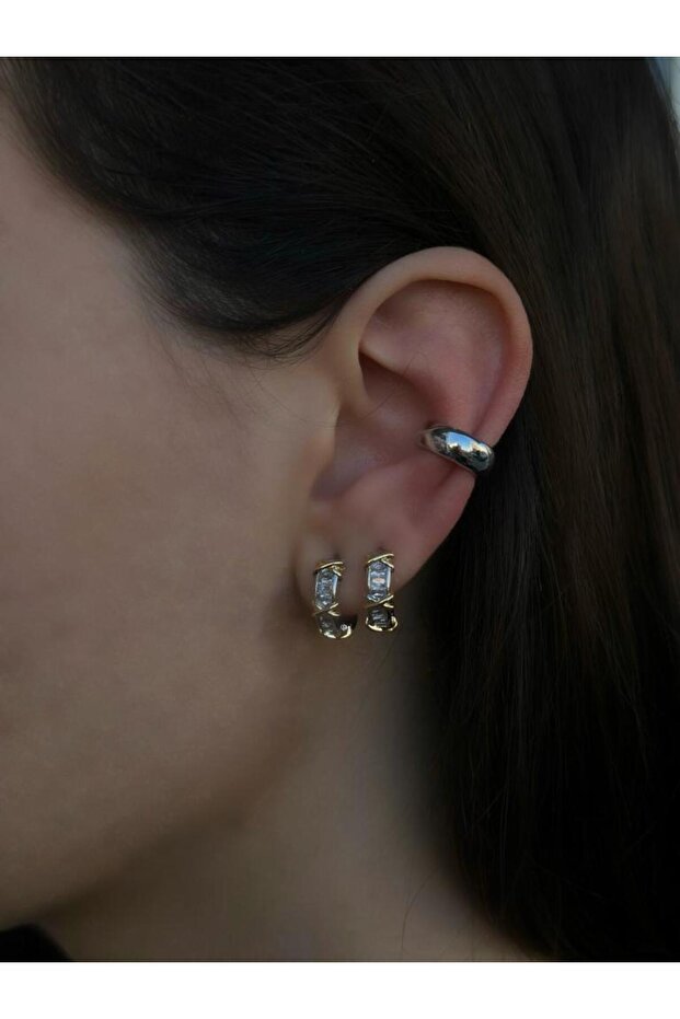 Gold and Silver Flat Plate Brass Plated Earcuff Cartilage Trend Earrings