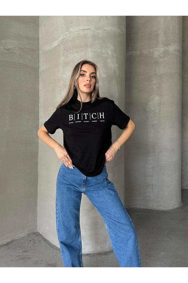 Bitch Baskı Basic T-Shirt Siyah - 2