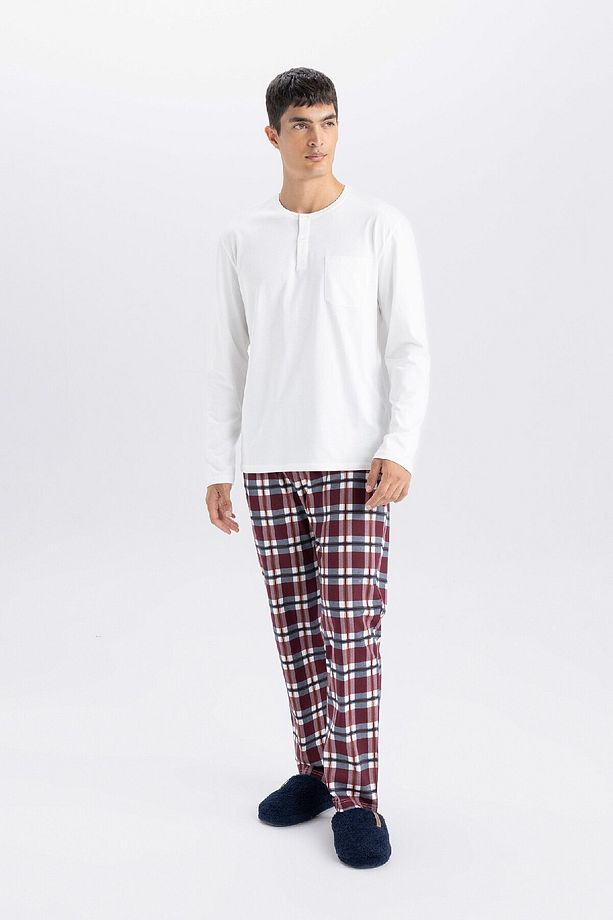 Pijama Takım Bisiklet Yaka Uzun Kollu Basic Düz Üst Kareli Beli Lastikli Alt D0943ax24wn - 2