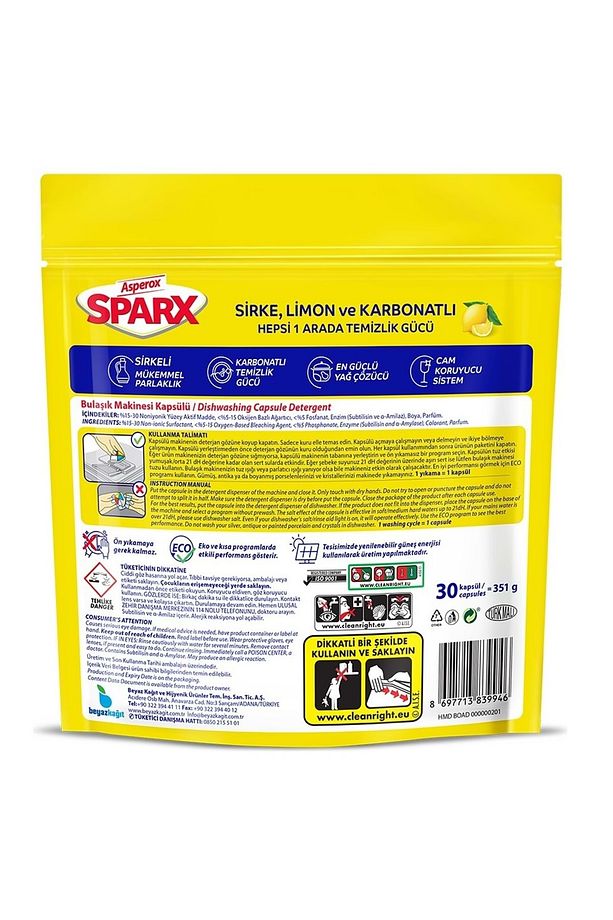 Sparx Bulaşık Makinesi Kapsülü 90 Adet Hepsi 1 Arada (SİRKE-LİMON-KARBONATLI) (3PK*30) - 3