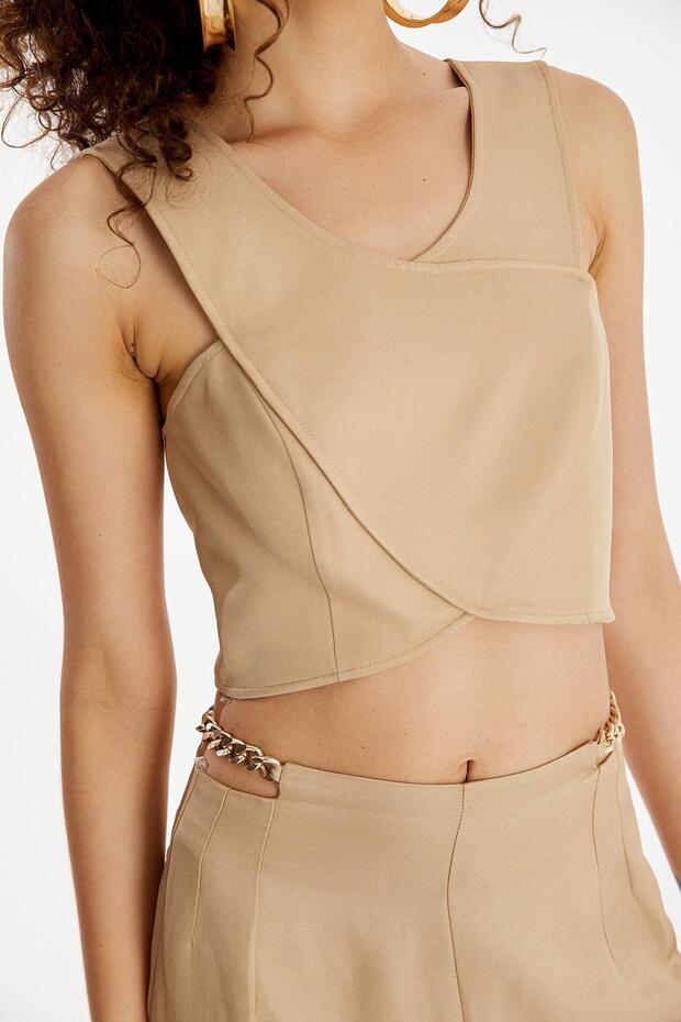 Askılı Crop Bej Büstiyer - 3