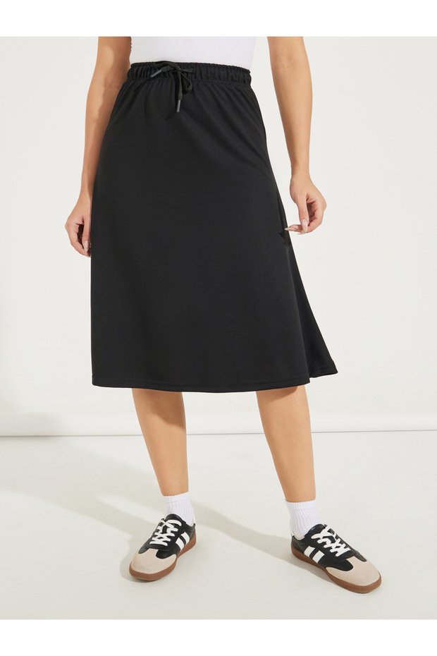 Basic Knit Midi Skirt with Drawstring - 2
