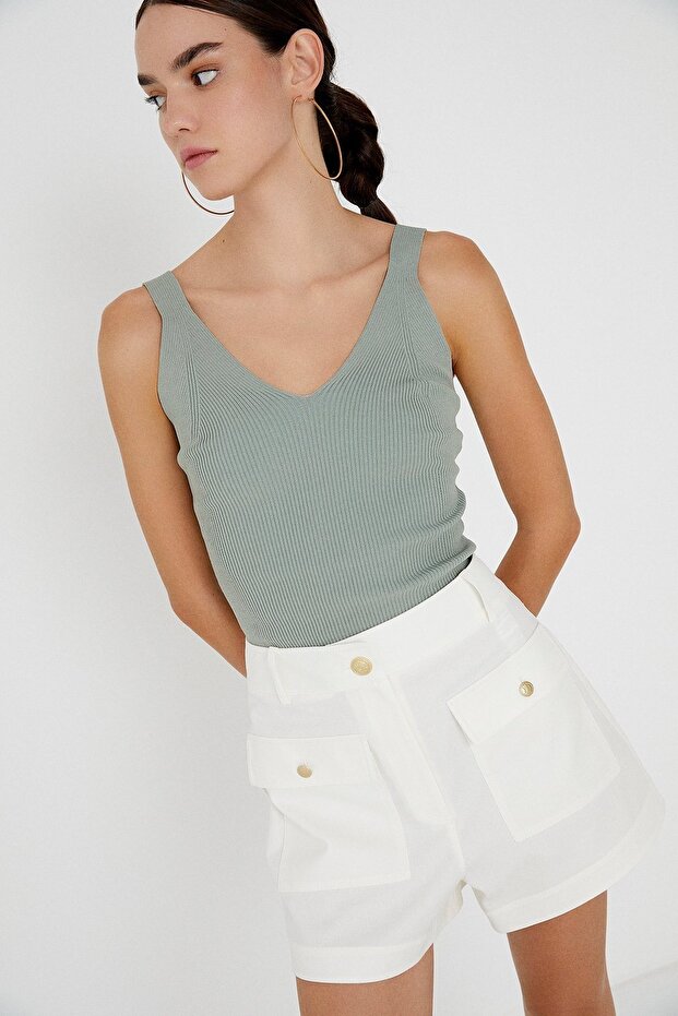 V Yaka Mint Triko Top - 3