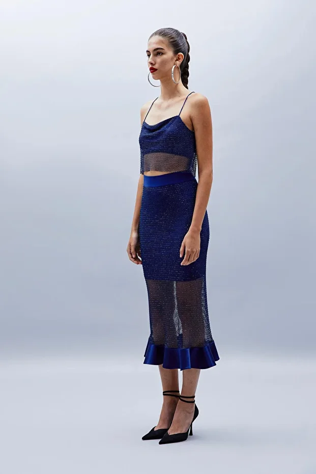 Parlak Taşlı İndigo File Crop Top - 2