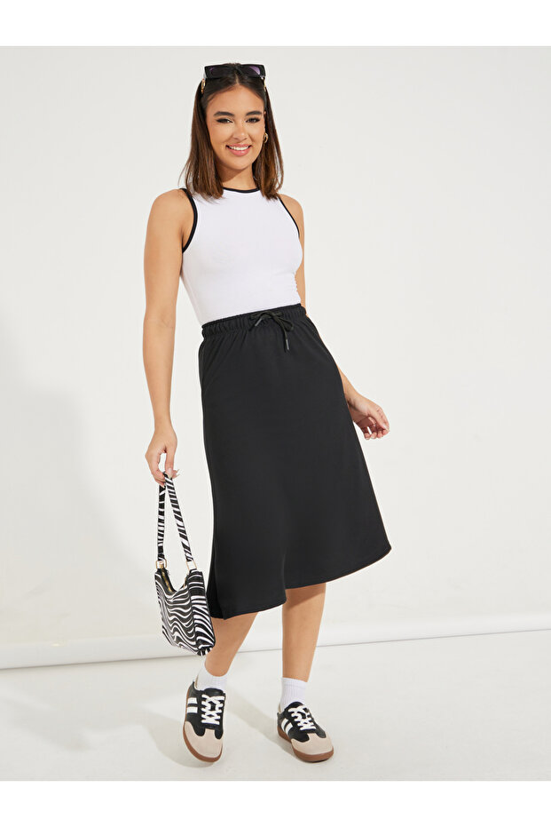 Basic Knit Midi Skirt with Drawstring - 1