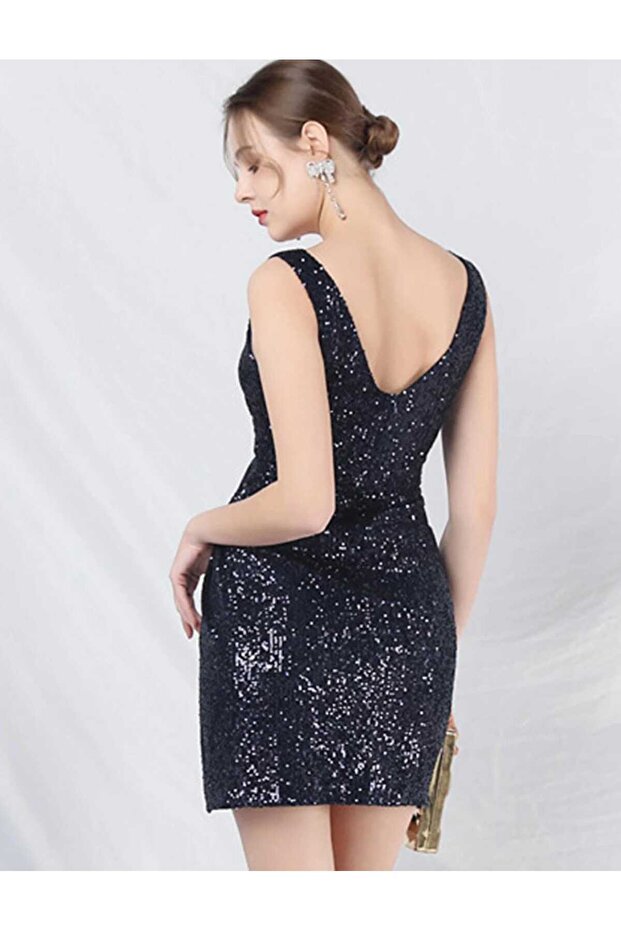 V YAKA YIRTMAÇLI MİNİ ELBİSE - 7