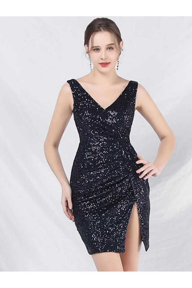 V YAKA YIRTMAÇLI MİNİ ELBİSE - 4